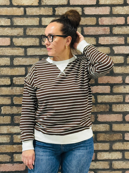Striped Rib Banded Pullover - Chocolate