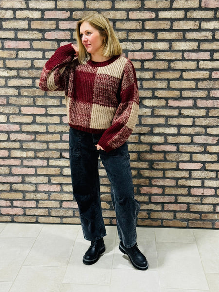 Plaid Pattern Sweater - Burgundy