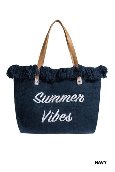 Summer Vibe fringe canvas tote bag - navy