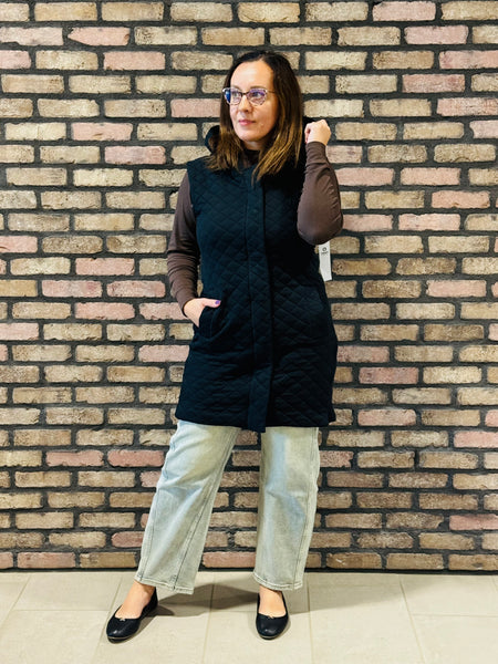 Longline Quilted Vest - Black
