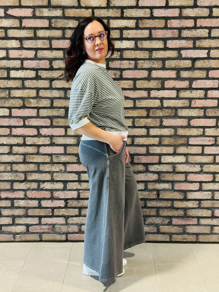 Striped Contrast Trim Top - DK Olive