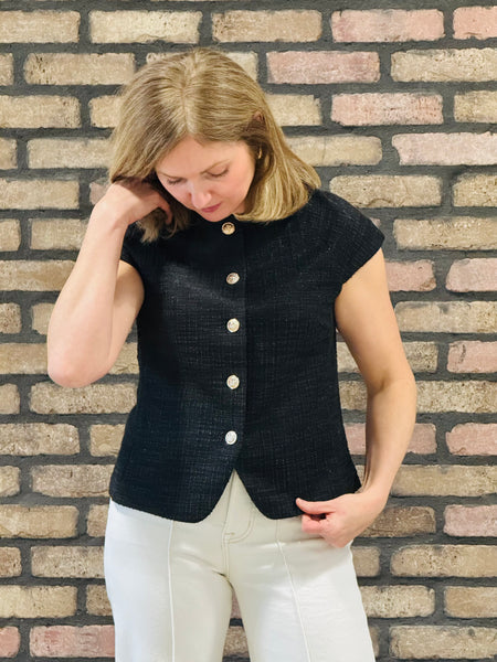 Cap Sleeves Tweed Jacket/Top - Black
