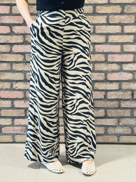 Wide Leg Zebra Print Pants - Taupe/Black