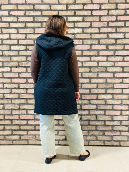 Longline Quilted Vest - Black