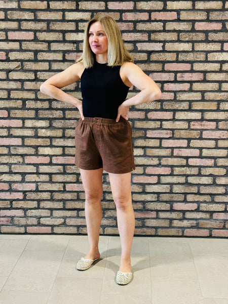 Linen Elastic Waist Shorts - Chocolate