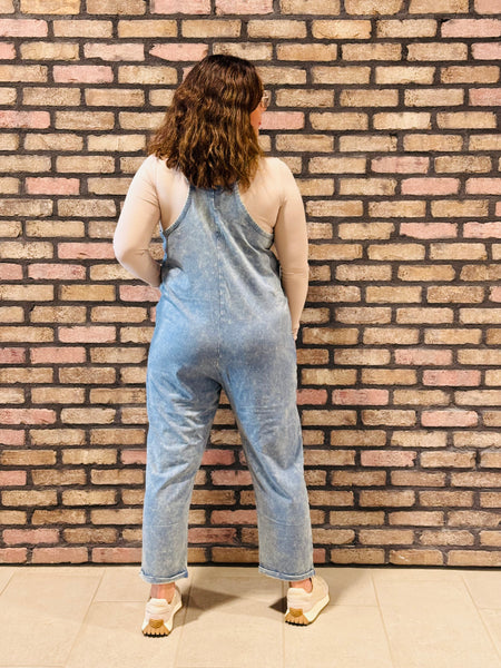 Washed Overalls with Pockets - Dusty Blue