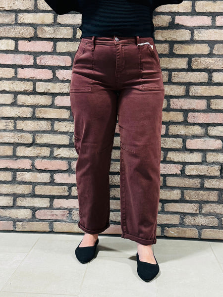 Ankle Cuffed Barrel Jeans - Choco Brown