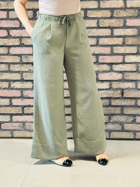 Linen Effect Palazzo Pants - Olive