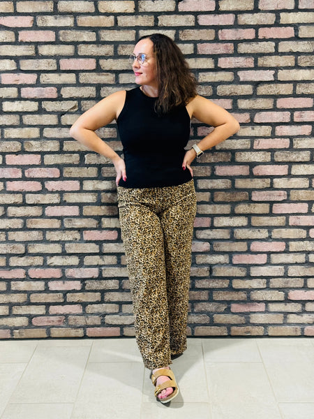 Animal Print Wide Leg Pants - Khaki/Black
