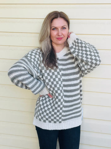 Striped and Checkered Sweater - Olive