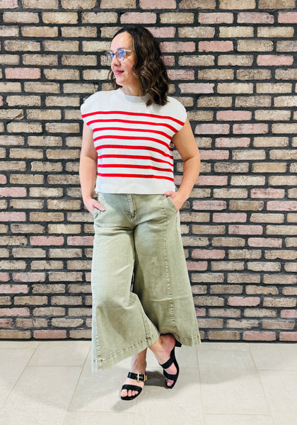 Cropped Gaucho Denim Pants - LT Olive