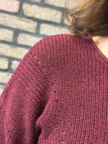 Pointelle V-Stitch Sweater - Oxblood