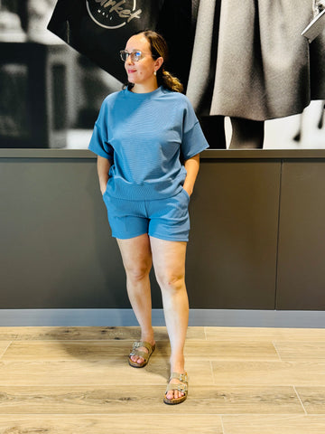 Ribbed Tee and Shorts Set - Dusty Blue
