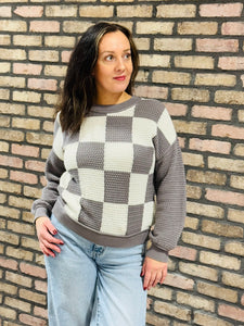 Checkered Crochet Sweater - Grey Multi