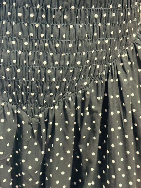 Polka Dot Smocked Midi Dress - Black