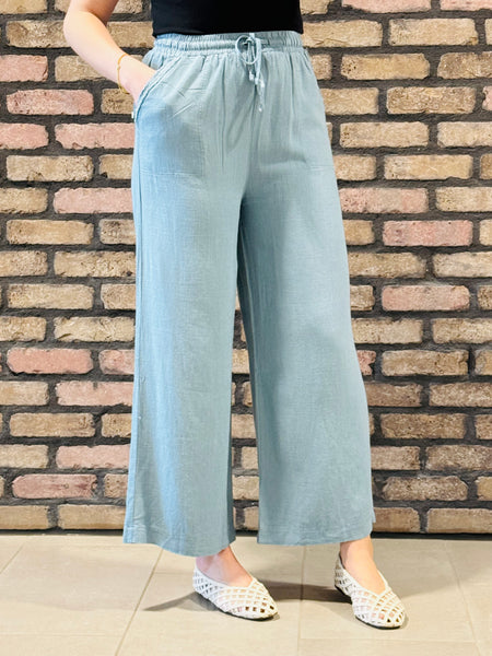 Wide Leg Linen Blend Pants - Blue Grey