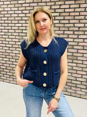 Chunky Knit Button-Up Vest - Navy