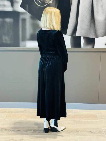 Velvet Smocked Midi Dress - Black