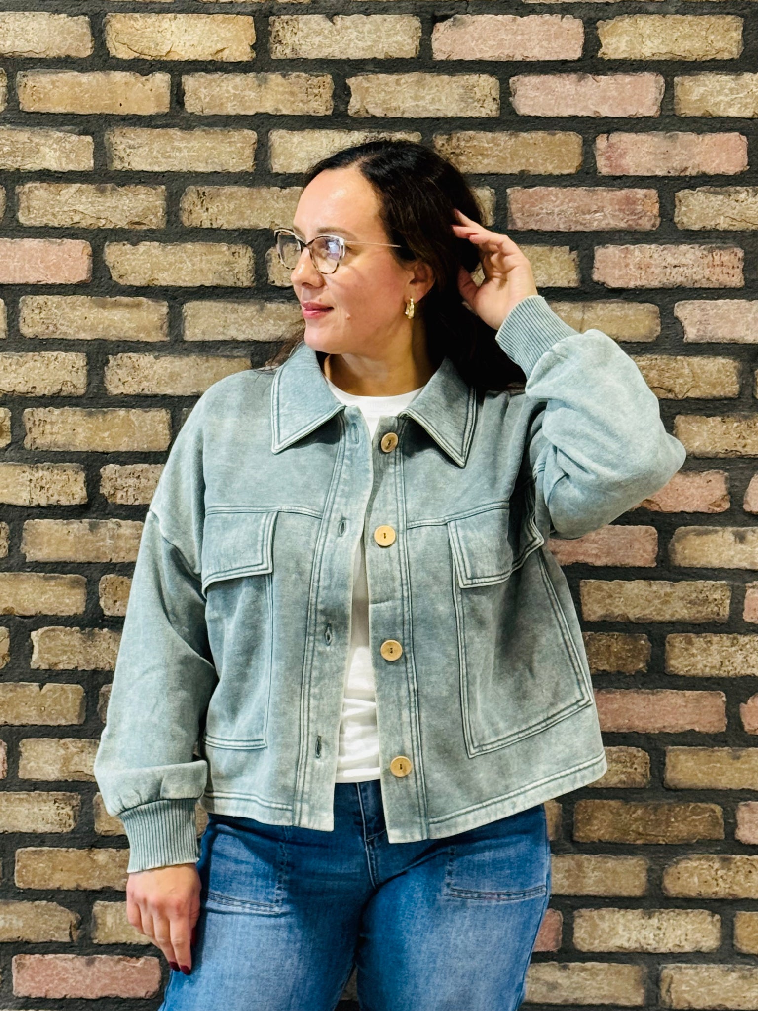 Acid Wash Fleece Shacket - Ash Jade