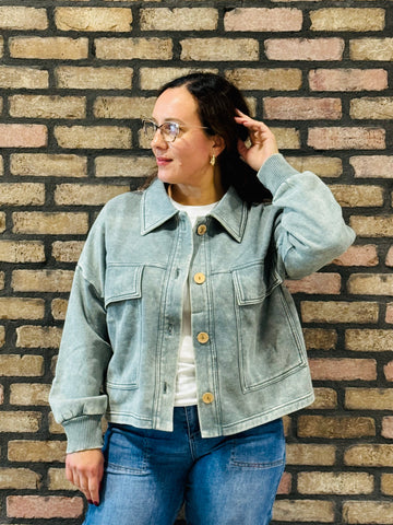 Acid Wash Fleece Shacket - Ash Jade