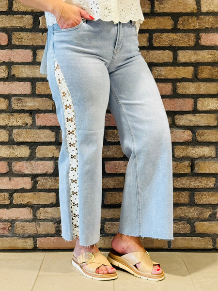 Crop Wide Flower Lace Detail Jeans - Light Wash