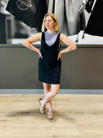 Washed Denim Overall Dress - Black