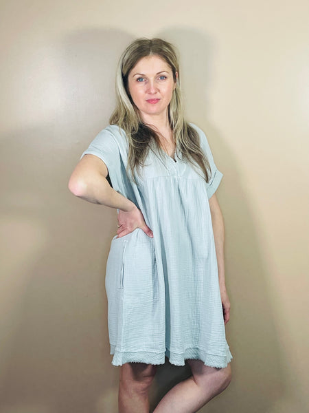 Double Gauze V-Neck Dress - LT Cement