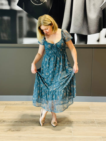 Sheer Floral Dress - Moss Green Multi