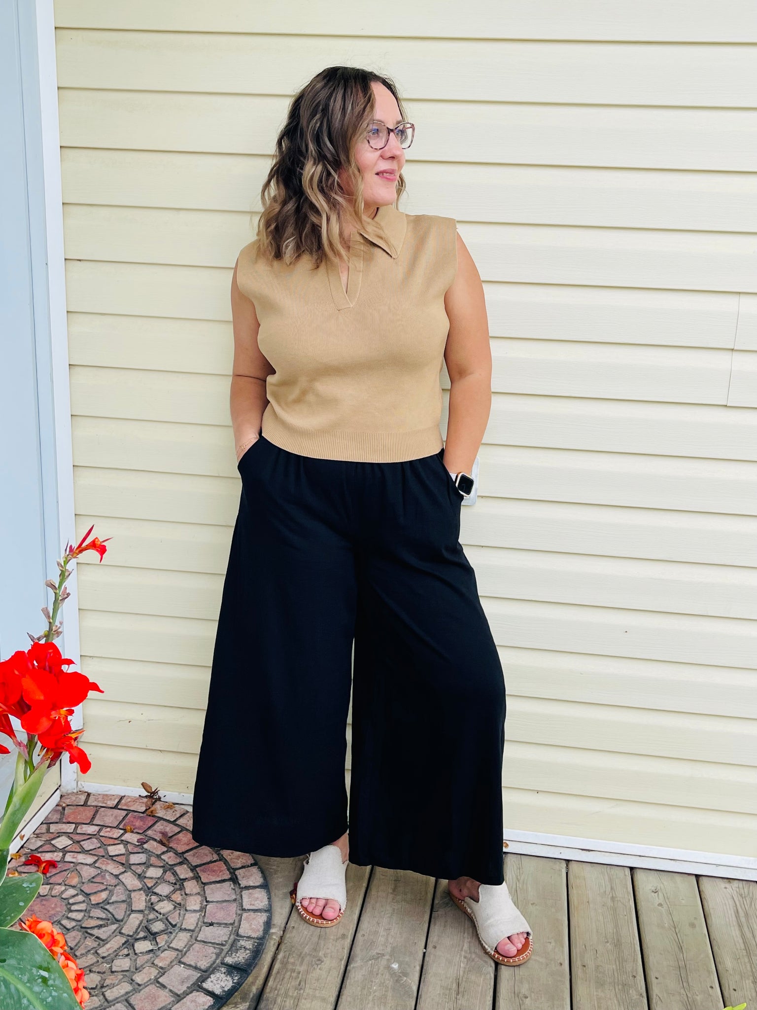 Wide Linen Blend Pants - Black