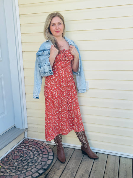 Floral Print Midi Dress - Brick