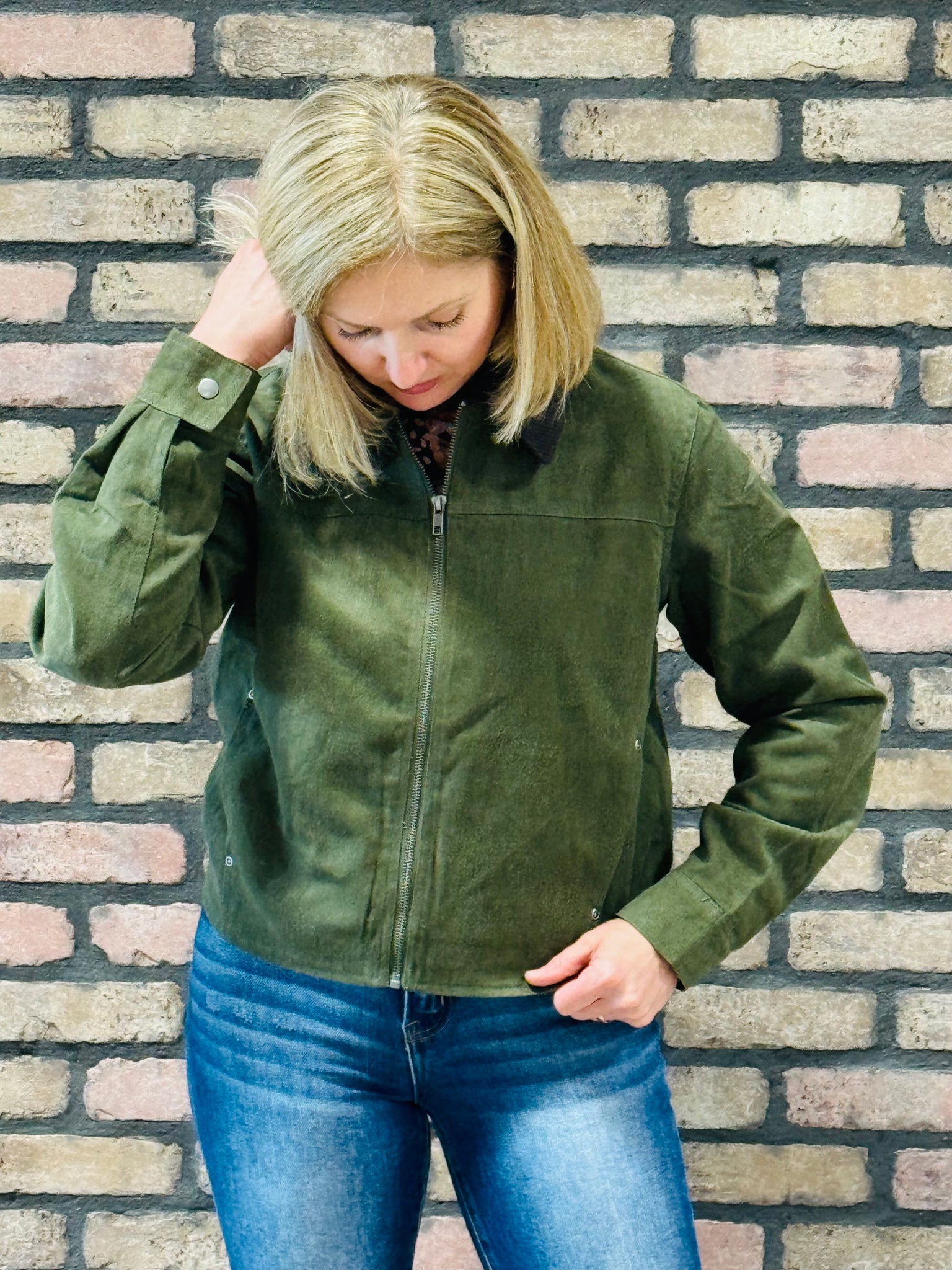 Contrast Corduroy Collar Barn Jacket - Dark Olive