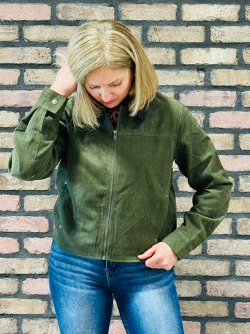 Contrast Corduroy Collar Barn Jacket - Dark Olive