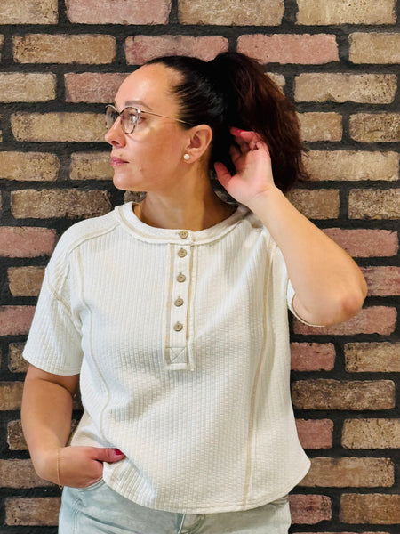 Textured Knit Henley Top - Ivory