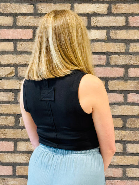 Patch Detail Ribbed Tank Top - Black