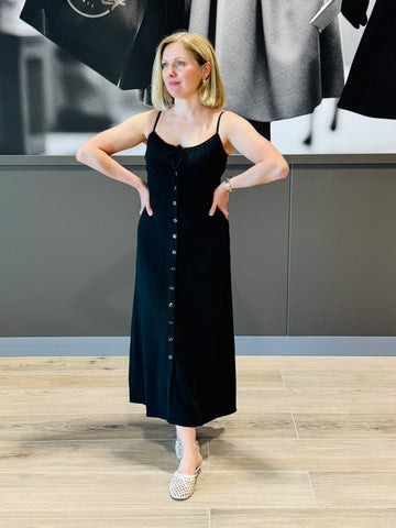 Button Down Front Tie Midi Dress - Black