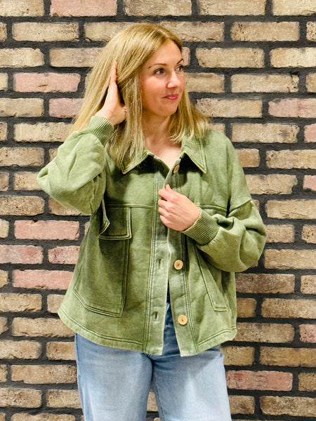 Acid Wash Fleece Shacket - LT Olive