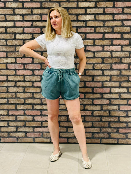 Acid Washed Elastic Waist Shorts - Dark Teal