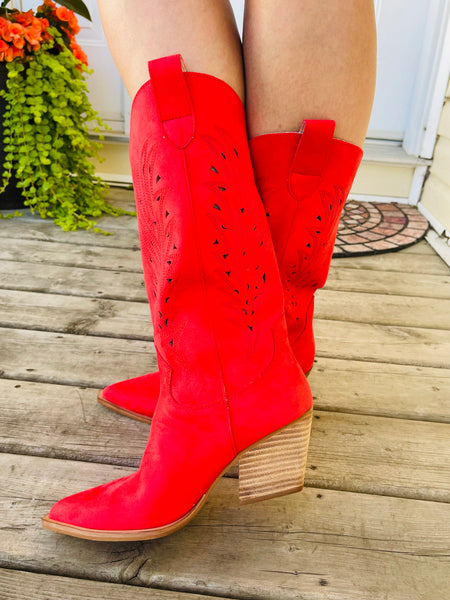 Cutout Detail Cowboy Boots - Red