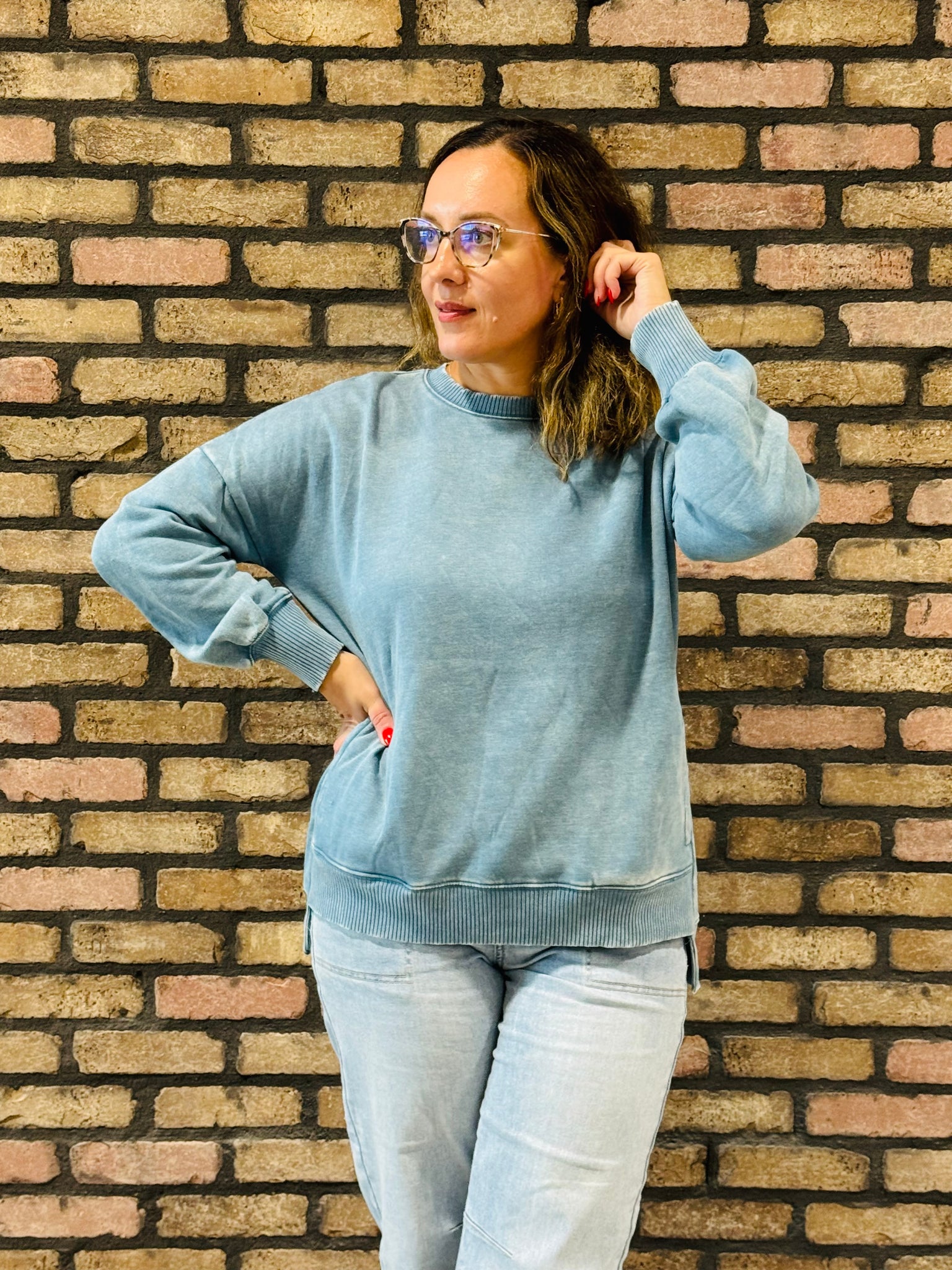 Acid Wash Fleece Pullover - Blue Grey