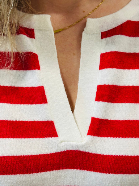 Split Neck Striped Pullover - Red