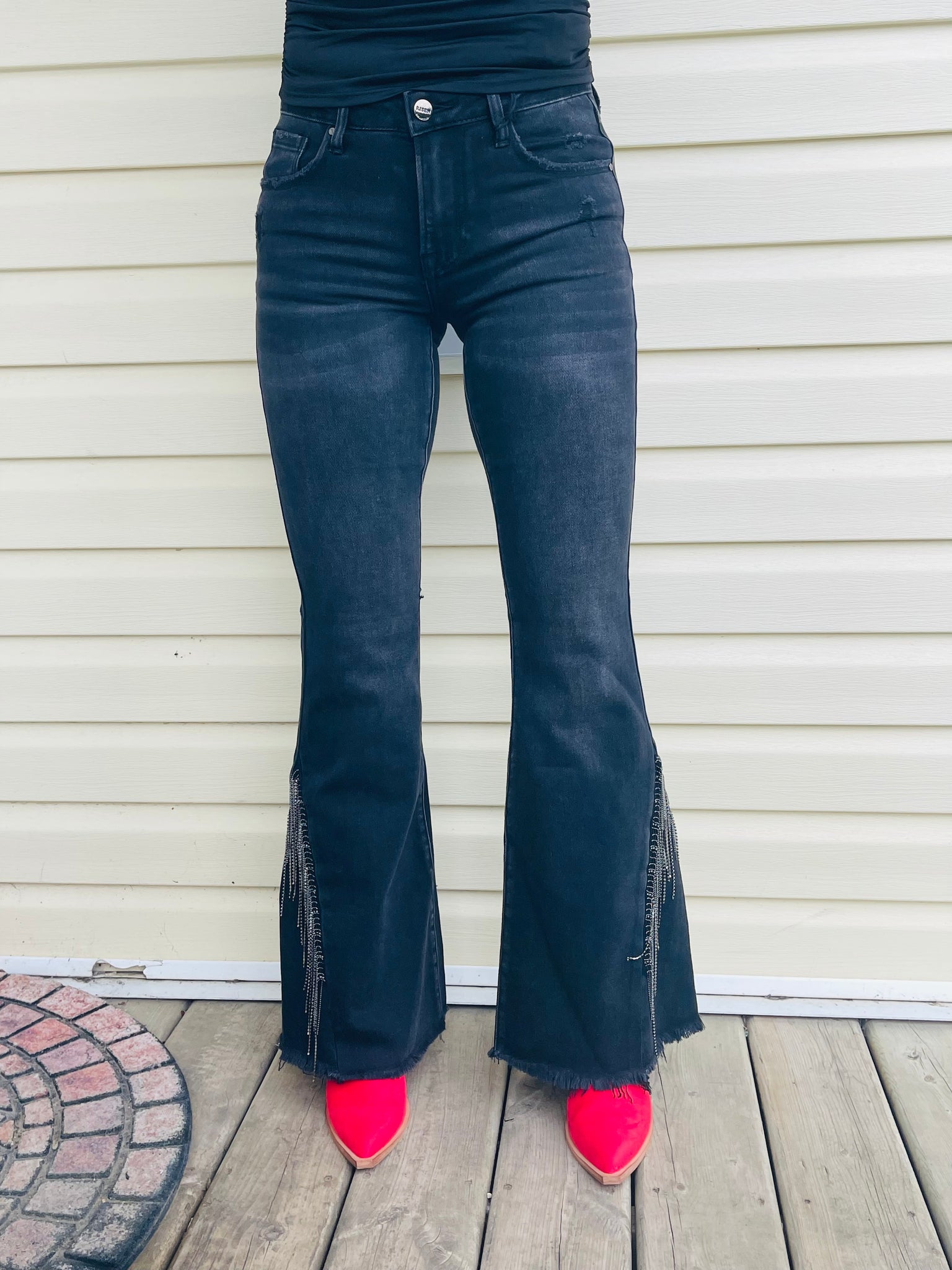 Rhinestone Flare Jeans - Black