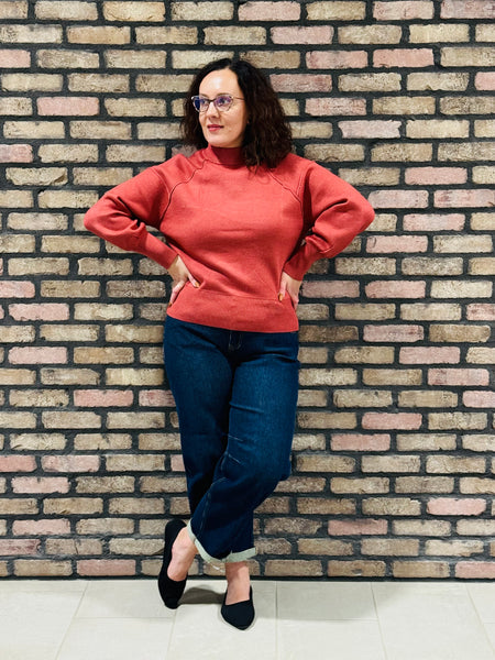 Mock Neck Exposed Seam Sweater - H Rust