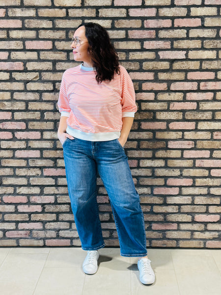 Striped Contrast Trim Top - Coral