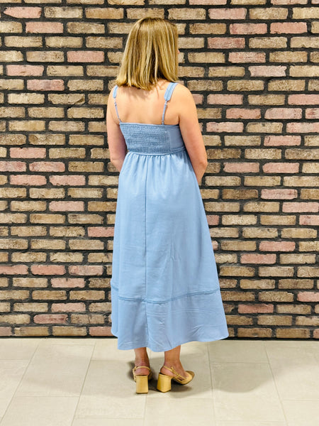 Line Lace Trim Midi Dress - Dusty Blue