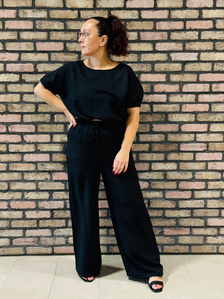 Textured Top and Pants Set - Black