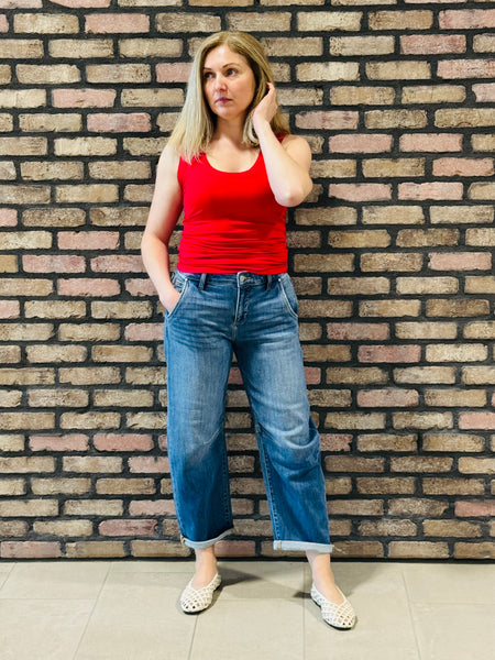 Ribbed Scoop Neck Tank Top - Red