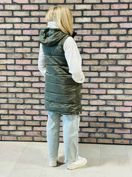 Long Puffer Vest - Olive