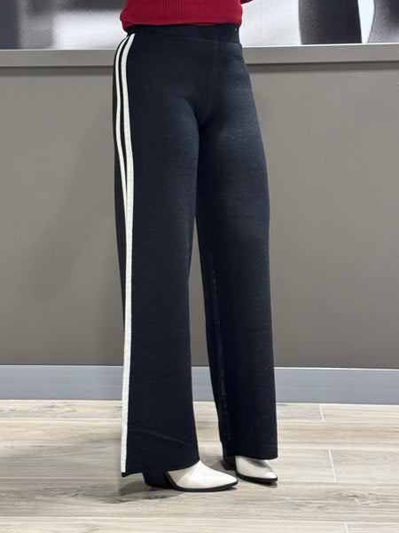 Side Stripe Straight Knit Pants - Black