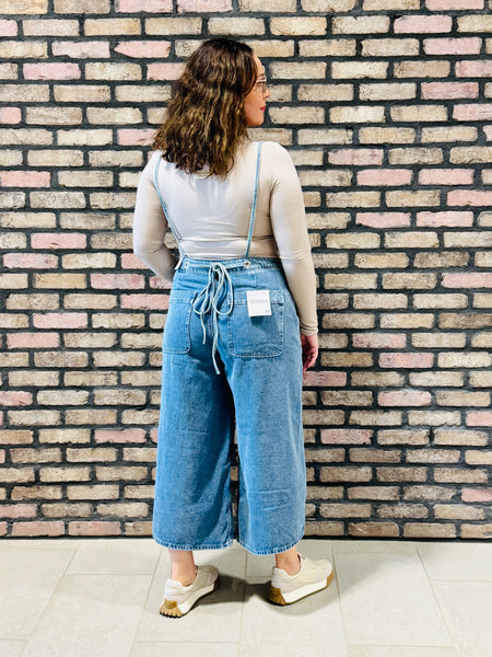 Denim Wide Leg Overalls - Medium Wash