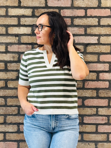 Split Neck Striped Pullover - Olive